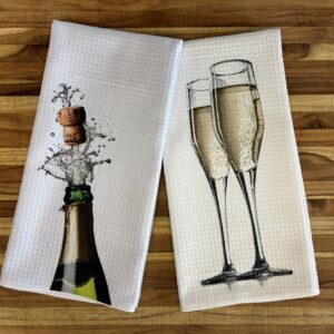 Champagne Bottle and Glasses Kitchen Towels Set New Year's Eve Waffle Microfiber Absorbent Dish Cloths