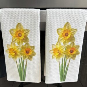 Yellow Daffodil Kitchen Towels Set Floral Spring Decor Absorbent Waffle Microfiber Dish Cloths