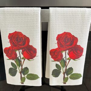 Red Roses Kitchen Towel Set Elegant Floral Long Stem Rose Microfiber Waffle Dish Cloths
