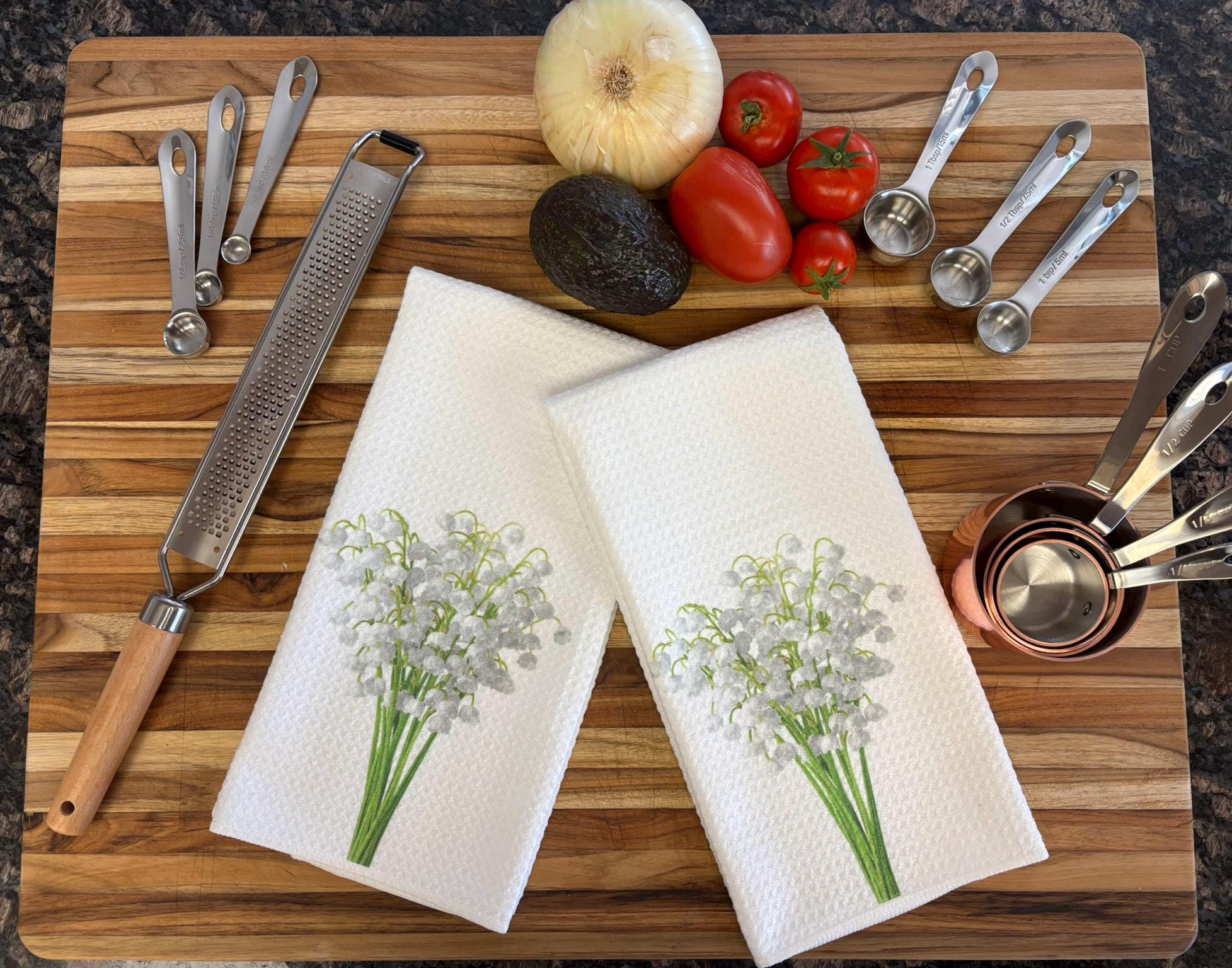 Lily of the Valley Kitchen Towels Set Floral Spring Decor Waffle Microfiber Absorbent Dish Cloths - Image 2