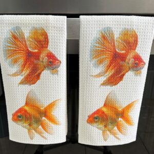 Vibrant Goldfish Kitchen Towel Set Decorative Waffle Microfiber Dish Cloths for Aquarium Enthusiasts