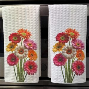 Multi Colored Gerber Daisies Kitchen Towels Set Floral Dish Cloths Waffle Microfiber for Spring Home Decor