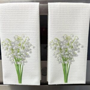 Lily of the Valley Kitchen Towels Set Floral Spring Decor Waffle Microfiber Absorbent Dish Cloths