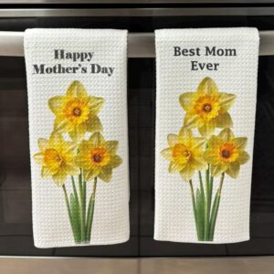 Happy Mother's Day Towel Set Daffodils Microfiber Waffle Dish Cloths for Mother's Day and Year Round