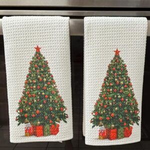Christmas Tree with Red Gifts Kitchen Towels Set Holiday Decor Absorbent Waffle Microfiber Dish Cloths