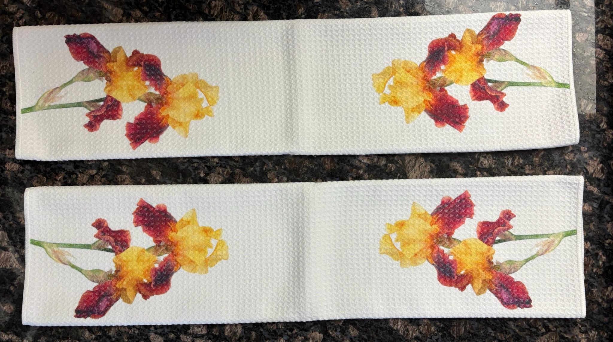 Red and Yellow Iris Kitchen Towels Set Floral Spring Decor Absorbent Waffle Microfiber Dish Cloths - Image 3