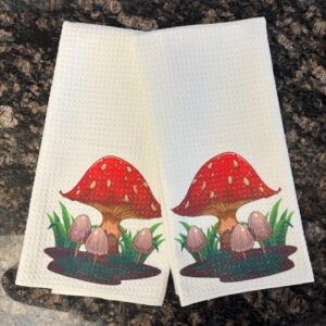 Whimsical Illustrated Mushrooms Kitchen Towels Set Waffle Microfiber Absorbent Dish Cloths