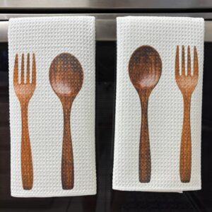 Vintage Wooden Fork and Spoon Kitchen Towels Set Spring Decor Waffle Microfiber Absorbent Dish Cloths for Home