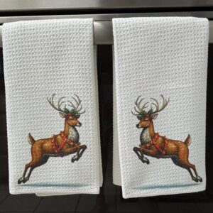 Christmas Reindeer Kitchen Towels Set Holiday Decor Waffle Microfiber Absorbent Dish Cloths
