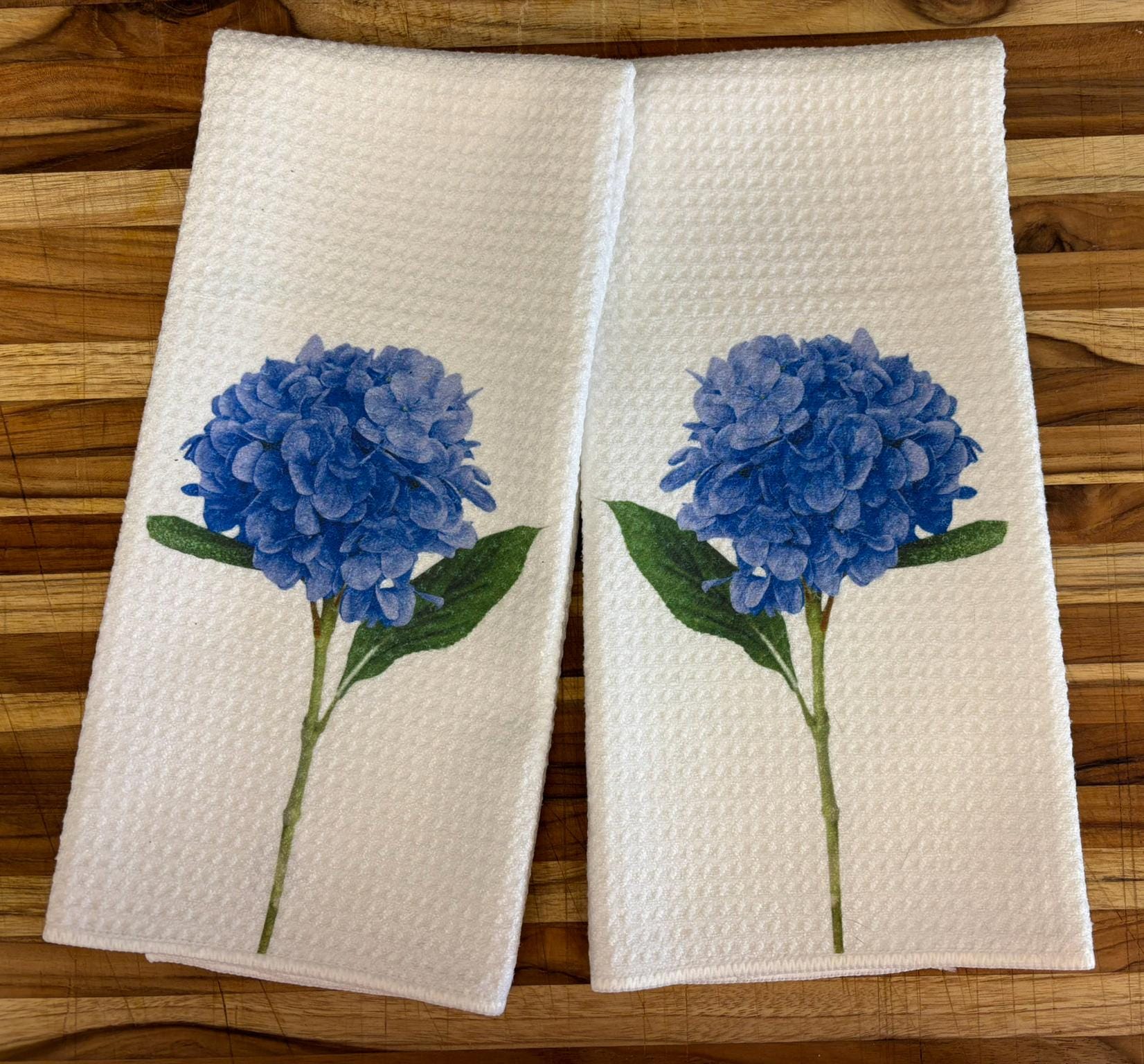 Blue Hydrangea Kitchen Towels Set Floral Decor Waffle Microfiber Absorbent Dish Cloths