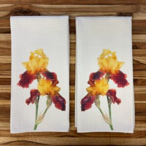 Red and Yellow Iris Kitchen Towels Set Floral Spring Decor Absorbent Waffle Microfiber Dish Cloths