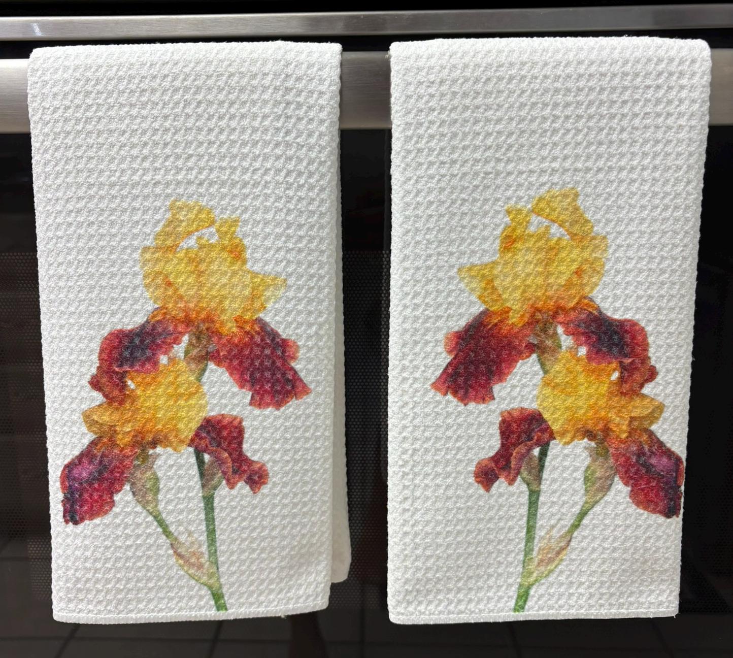 Red and Yellow Iris Kitchen Towels Set Floral Spring Decor Absorbent Waffle Microfiber Dish Cloths - Image 2