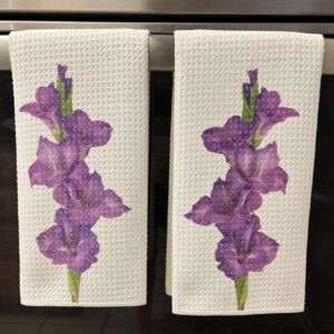 Purple Iris Kitchen Towels Set Floral Decor Microfiber Waffle Absorbent Dish Cloths