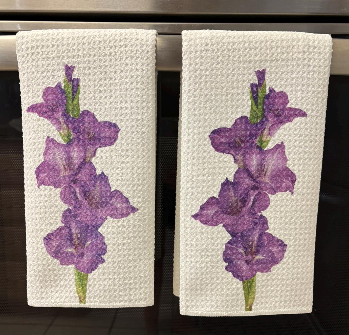 Purple Iris Kitchen Towels Set Floral Decor Microfiber Waffle Absorbent Dish Cloths