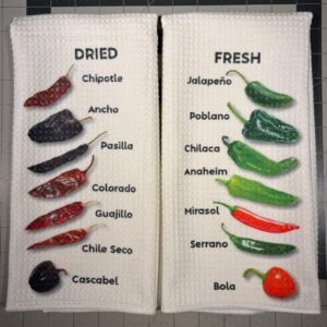 Peppers Fresh and Dried Kitchen Towels Set - Chipotle Ancho Pasilla Jalpeno Poblano Anaheim Serrano Guajillo