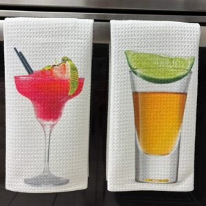 Strawberry Margarita Tequila Shot with Lime Kitchen Towels Set Eye Catching Kitchen Decor Absorbent Waffle Microfiber Dish Cloths