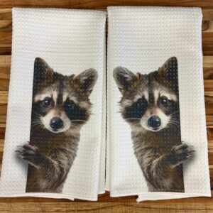 Racoon Peeking Around Corner Kitchen Towels Set Absorbent Microfiber Waffle Dish Cloths