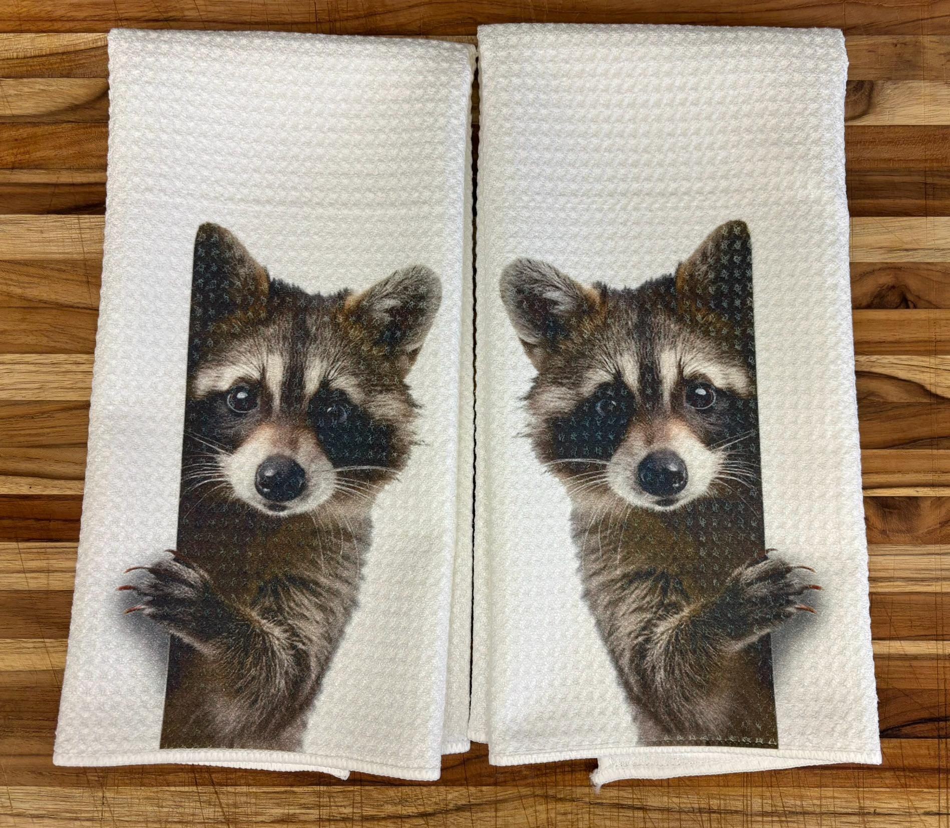 Racoon Peeking Around Corner Kitchen Towels Set Absorbent Microfiber Waffle Dish Cloths