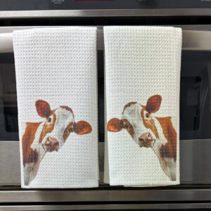 Cow Peeking Around Corner Kitchen Towels Set Absorbent Microfiber Waffle Dish Cloths