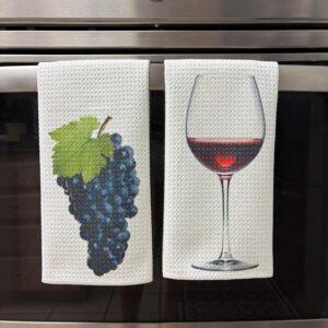 Red Burgundy Wine and French Vineyard Grapes Kitchen Towels Set Wine Lover's Waffle Microfiber Absorbent Dish Cloths