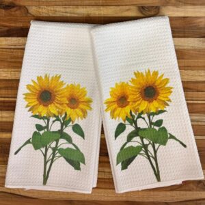 Two Sunflowers on Stems Kitchen Towels Set Absorbent Microfiber Waffle Dish Cloths