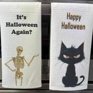 Halloween Kitchen Towel Set - Celebrate the Season - Witches Skeleton and Angry Black Cat