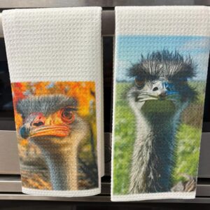 Ostrich Kitchen Towel Set Fall Leaves Decor Absorbent Microfiber Waffle Towels