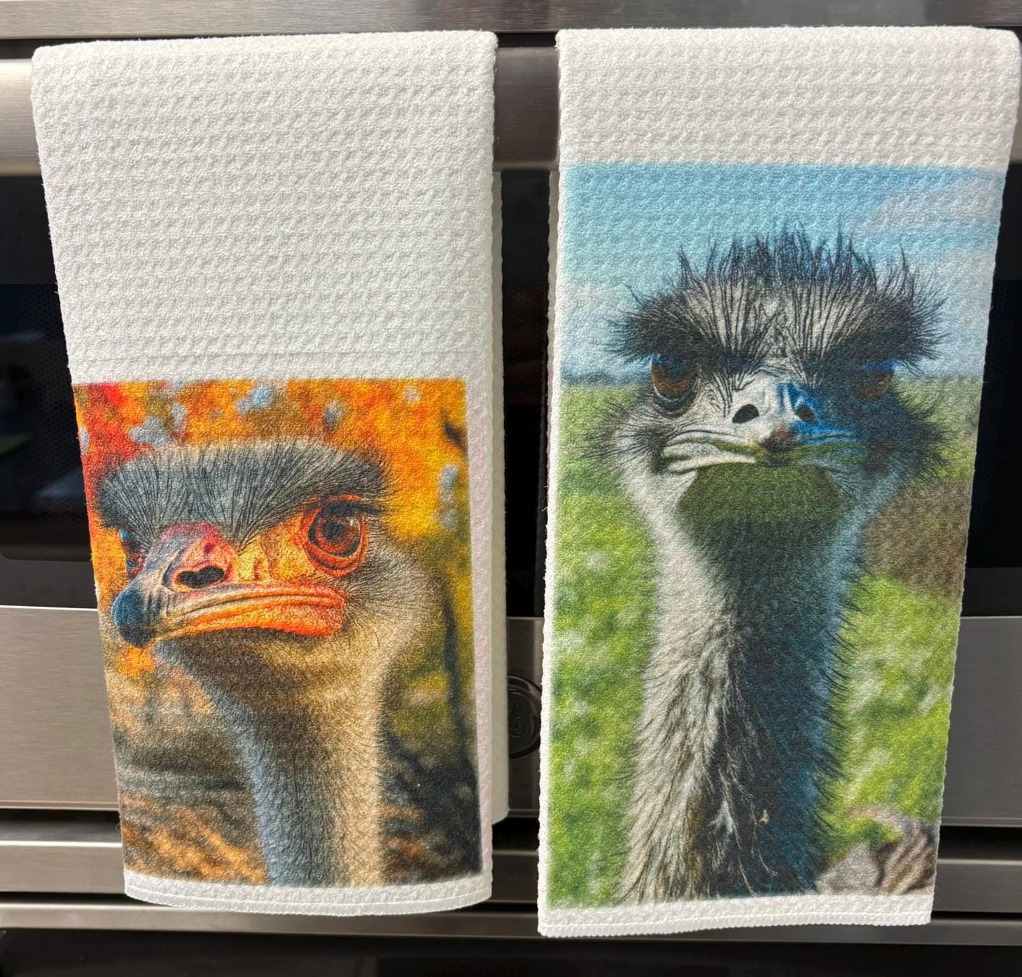 Ostrich Kitchen Towel Set Fall Leaves Decor Absorbent Microfiber Waffle Towels