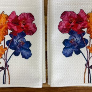 Bright Orange Red Blue Flowers Kitchen Towels Set Microfiber Waffle Dish Cloths for Home Decor