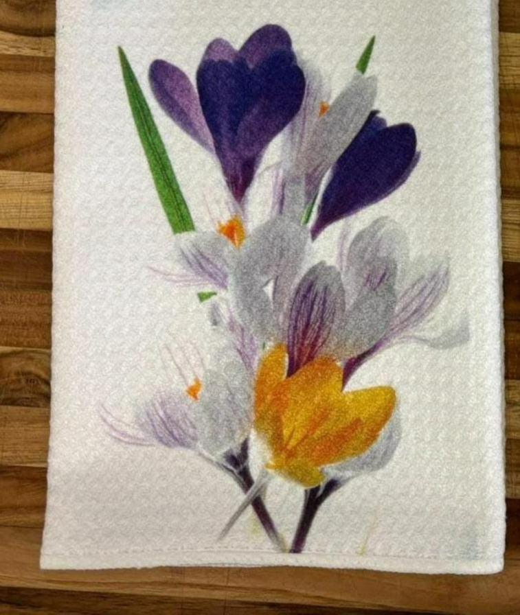 Crocus Flowers Kitchen Towels Set Floral Spring Decor Absorbent Microfiber Waffle Dish Cloths
