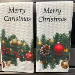 Christmas Holiday Garland Kitchen Towels Set Christmas Garland Decorative Waffle Microfiber Dish Cloths for Christmas Decor