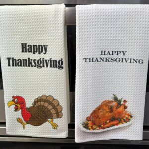 Happy Thanksgiving Illustrated Kitchen Towel Set Turkey Dinner & Live Turkey Running Scared