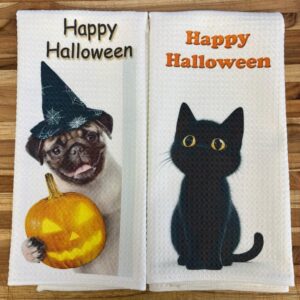 Halloween Kitchen Towel Set - Celebrate the Season - Witches Pugs and Black Kitten