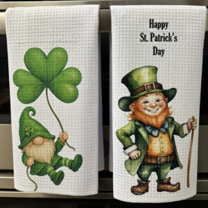 St Patrick's Day Leprechauns and Green Clovers Kitchen Towels Set - Spring Irish Kitchen Decor