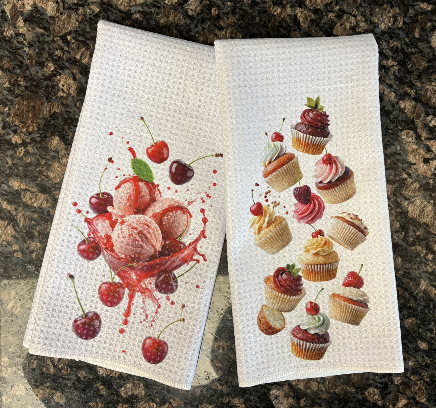 Cherries Ice Cream and Cupcakes Kitchen Towels Set - Decorative Kitchen Towels