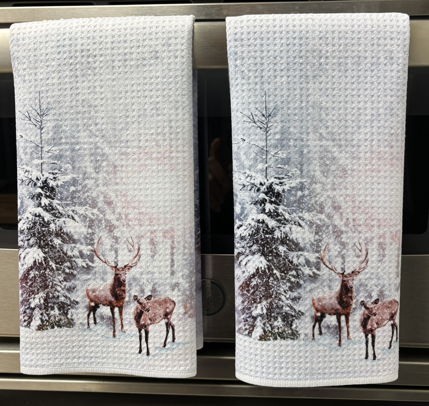 Snowy Woods with Deer Kitchen Towels Set - Winter Landscape Design - Image 4