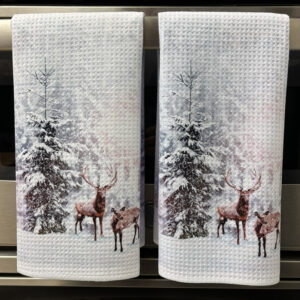 Snowy Woods with Deer Kitchen Towels Set - Winter Landscape Design