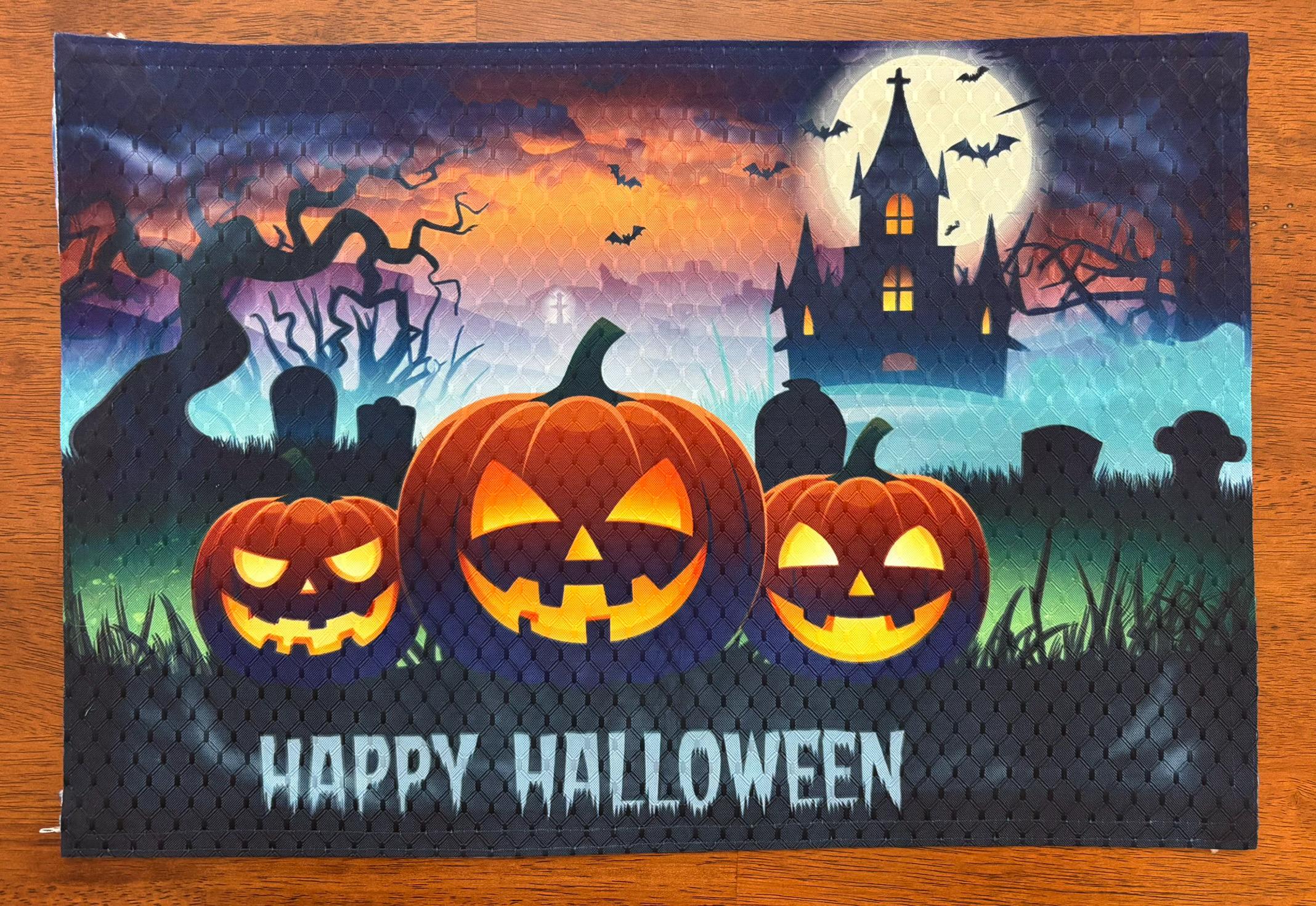 Happy Halloween Three Jack O Lanterns Placemat for Your Dining Table - Ink Sublimation/Dye Diffusion. Washable, Upscale Dining Room Decor