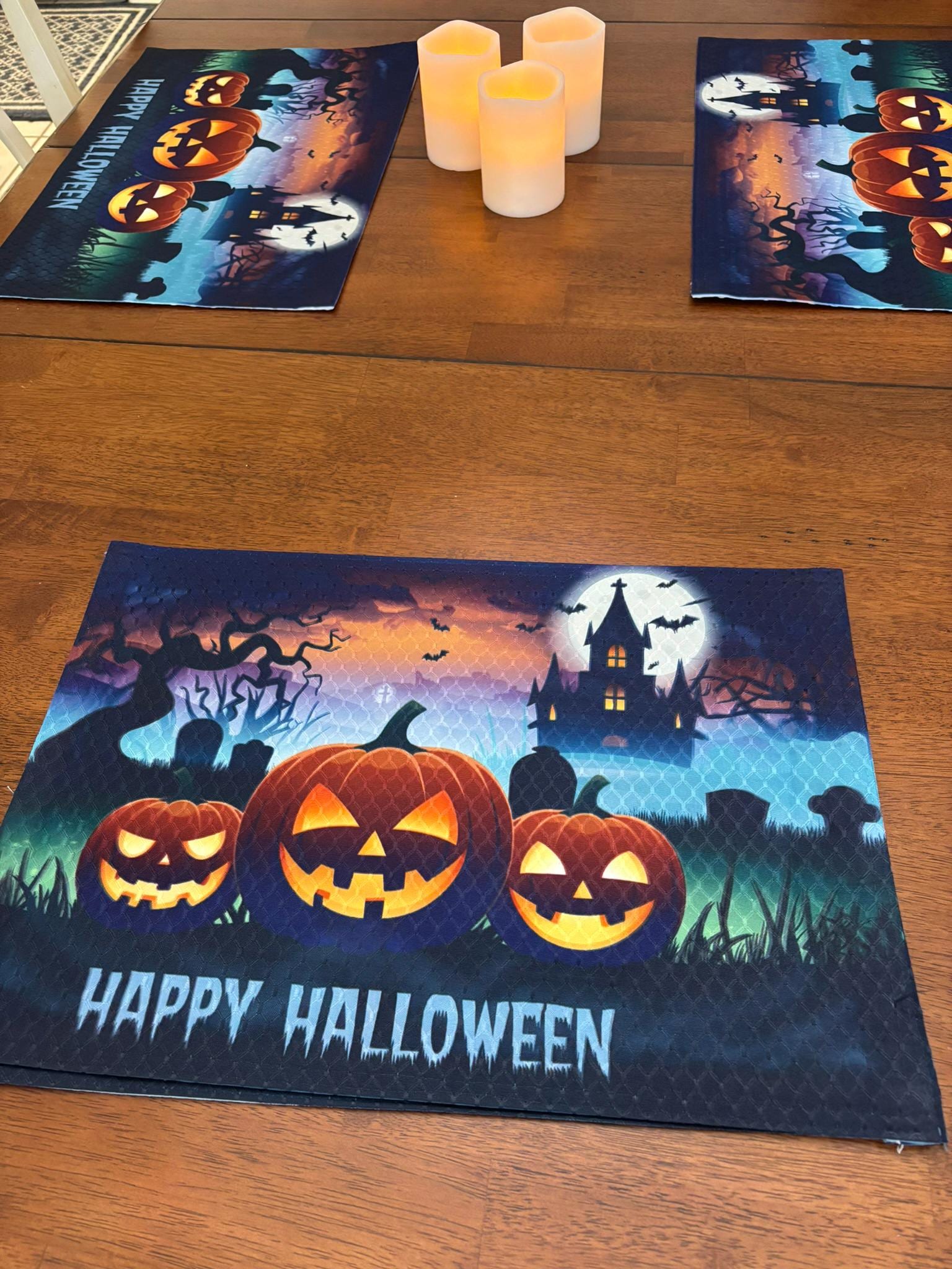 Happy Halloween Three Jack O Lanterns Placemat for Your Dining Table - Ink Sublimation/Dye Diffusion. Washable, Upscale Dining Room Decor - Image 3