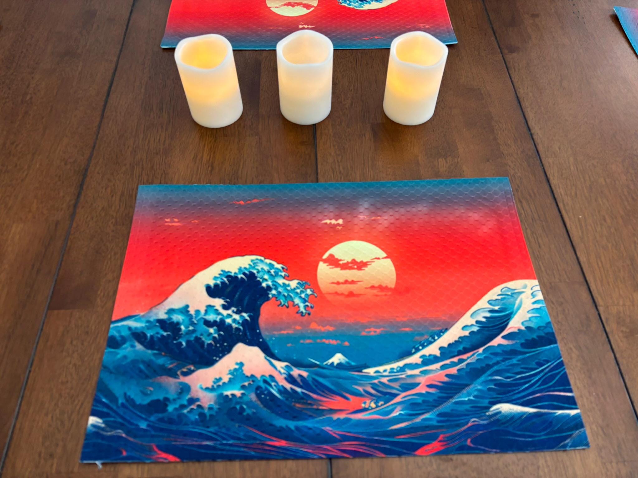 Kurosawa Wave on Red Sky Japanese Art Placemat Machine Washable Unique Dining Decor - Image 2