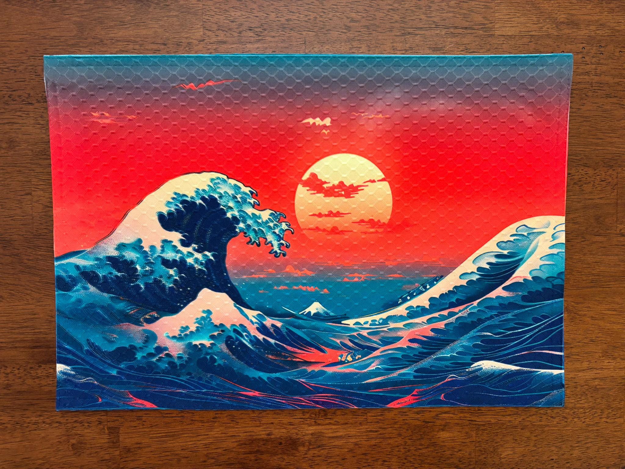 Kurosawa Wave on Red Sky Japanese Art Placemat Machine Washable Unique Dining Decor