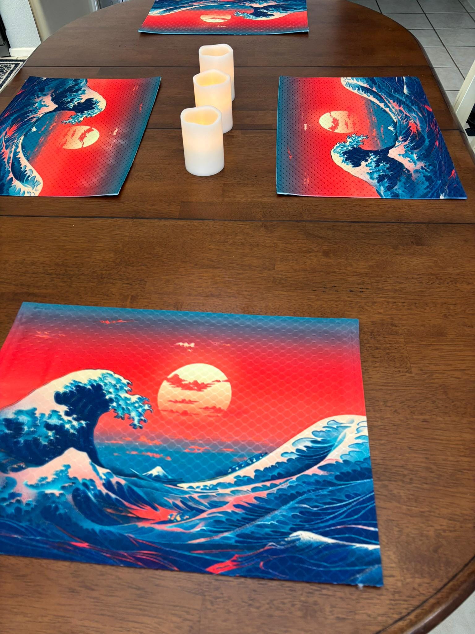 Kurosawa Wave on Red Sky Japanese Art Placemat Machine Washable Unique Dining Decor - Image 4