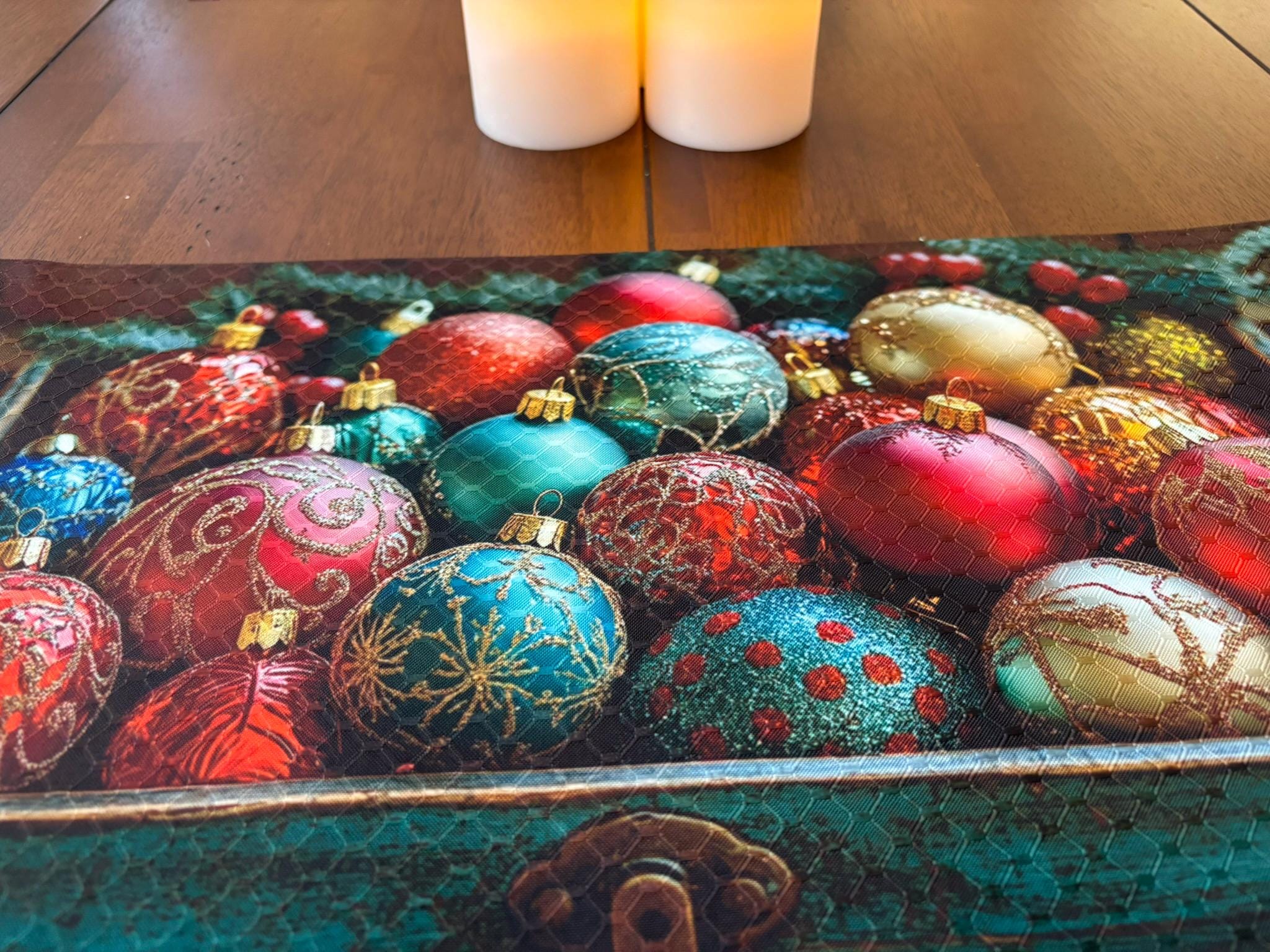 Blown Glass Christmas Balls in Wooden Box Placemat - Holiday Decor - Machine Washable Unique