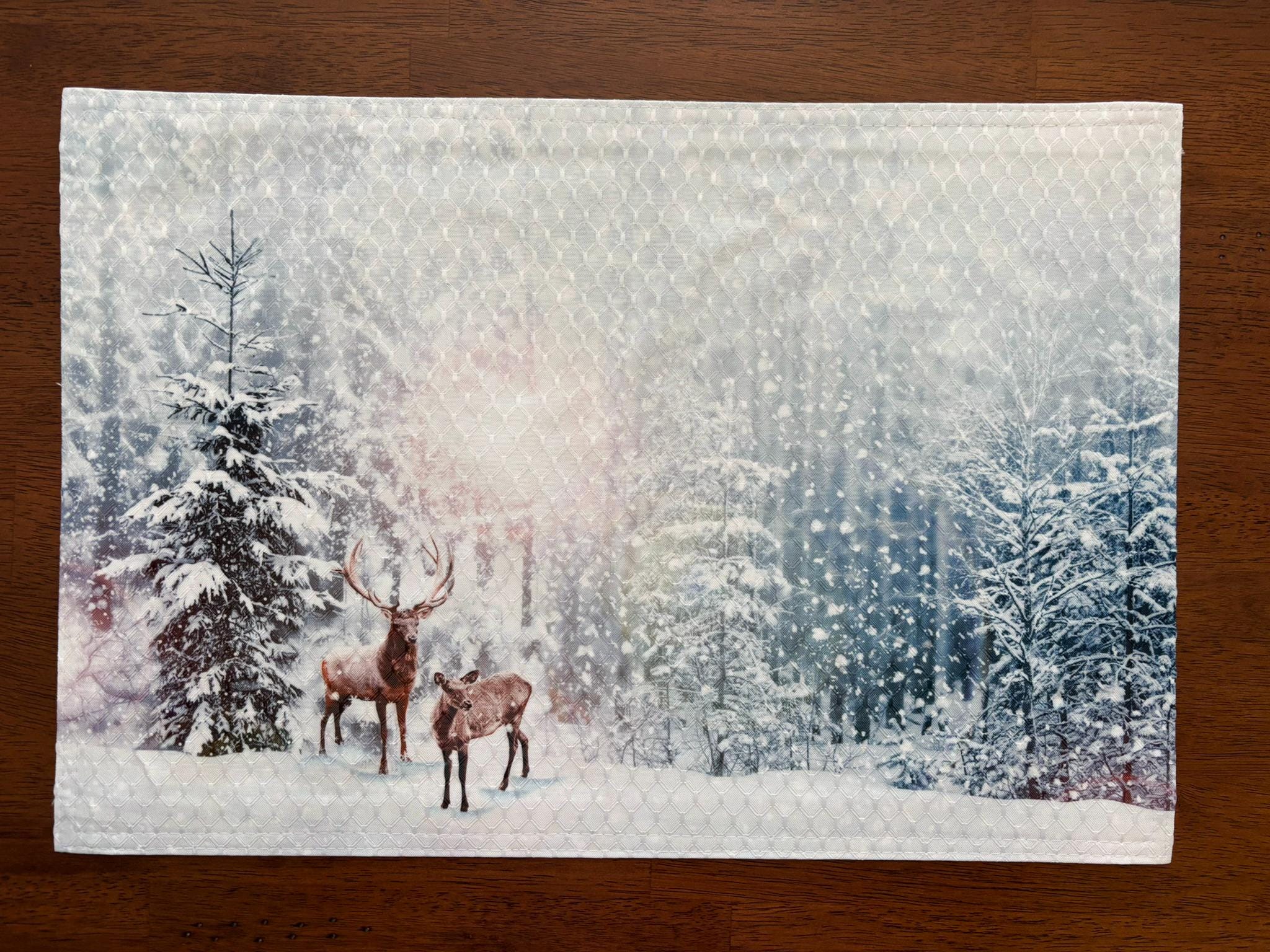 Deer in the Woods During Snowfall Placemat - Winter Seasonal Decor - Machine Washable Tumble Dry