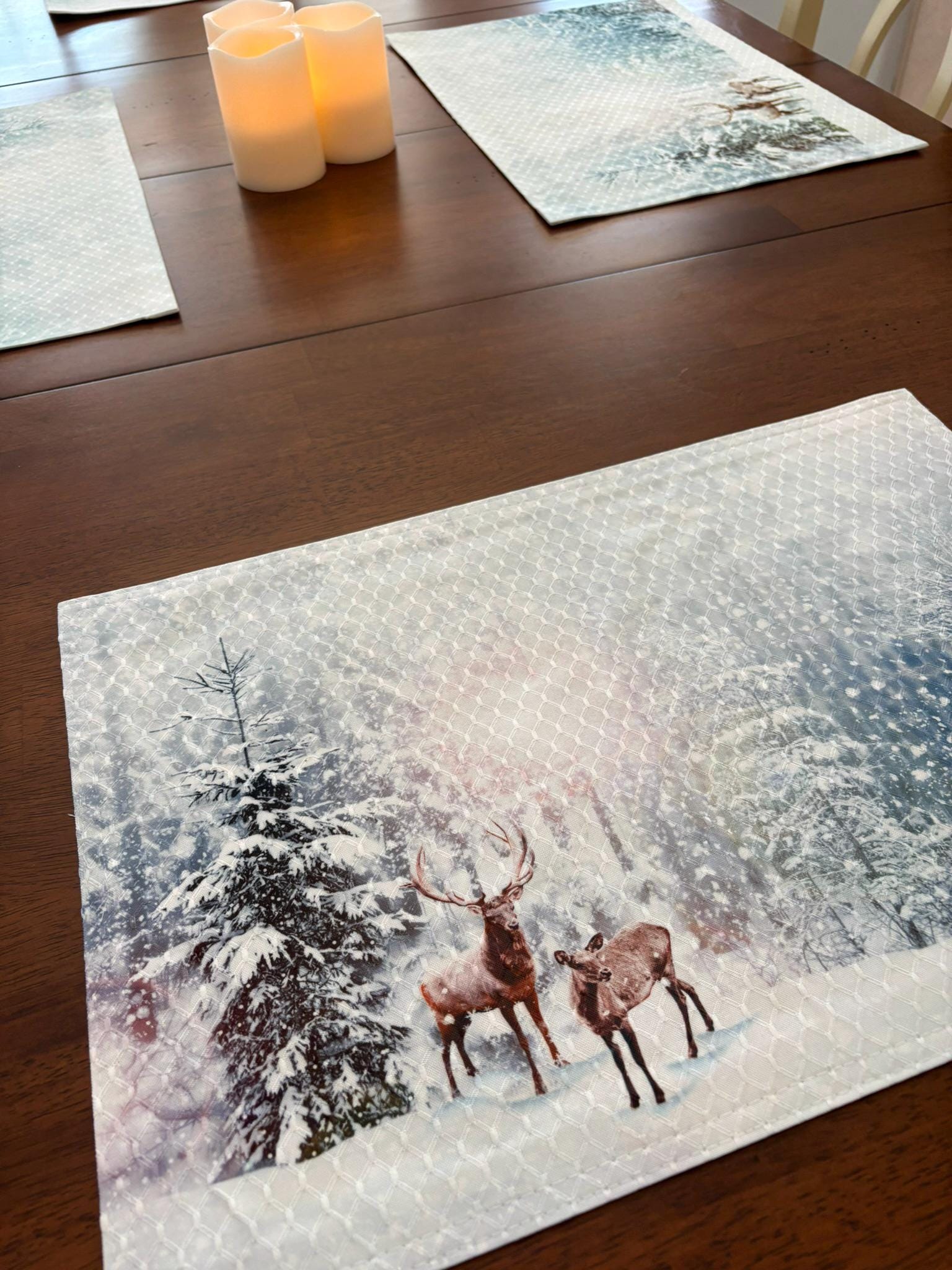Deer in the Woods During Snowfall Placemat - Winter Seasonal Decor - Machine Washable Tumble Dry - Image 2