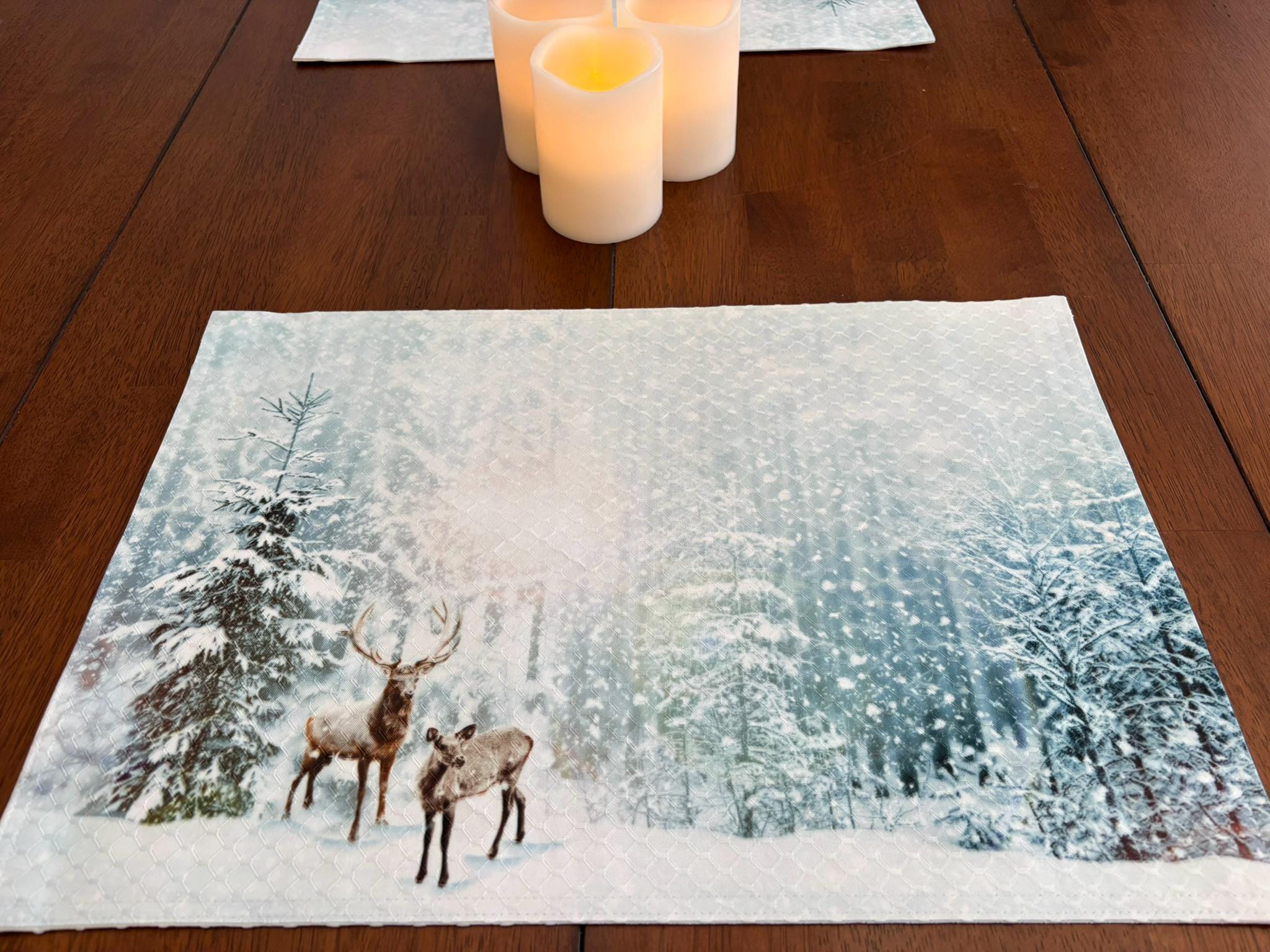 Deer in the Woods During Snowfall Placemat - Winter Seasonal Decor - Machine Washable Tumble Dry - Image 3