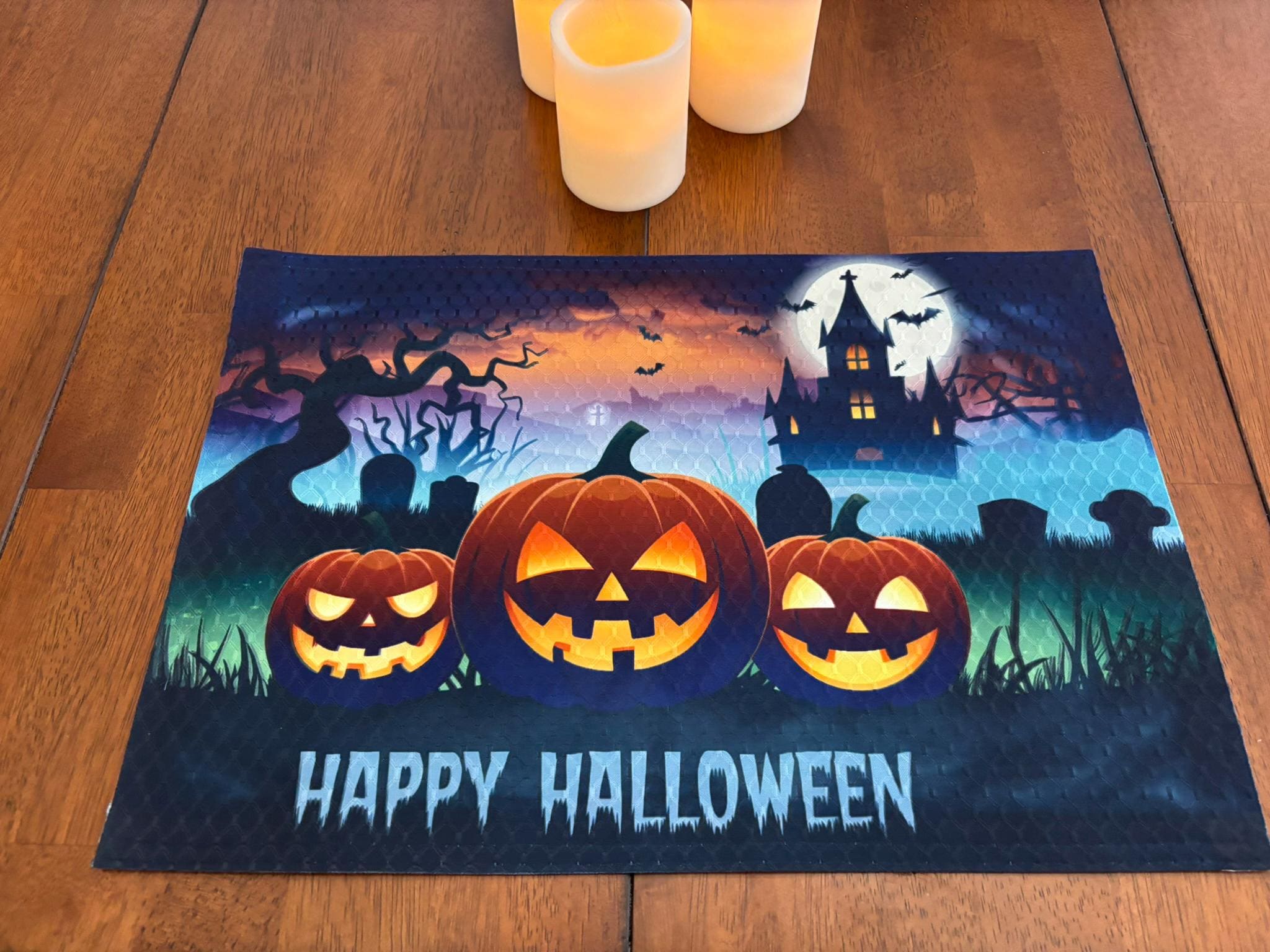 Happy Halloween Three Jack O Lanterns Placemat for Your Dining Table - Ink Sublimation/Dye Diffusion. Washable, Upscale Dining Room Decor - Image 2