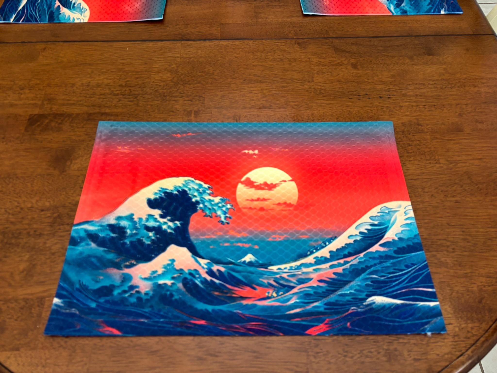 Kurosawa Wave on Red Sky Japanese Art Placemat Machine Washable Unique Dining Decor - Image 3