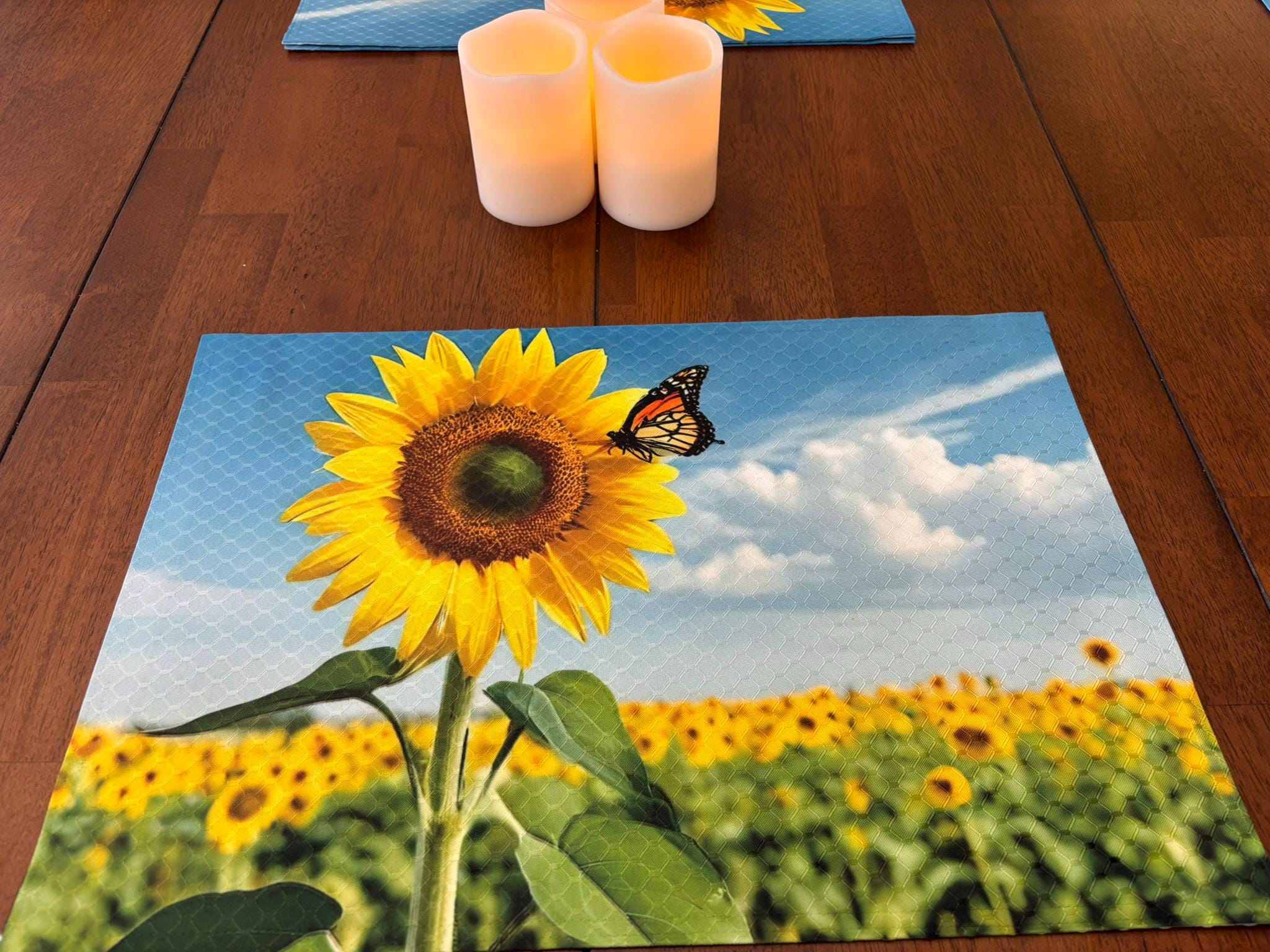 Field of Sunflowers with Monarch Butterfly Placemat - Summer Decor - Machine Washable Tumble Dry - Dining Table Decor